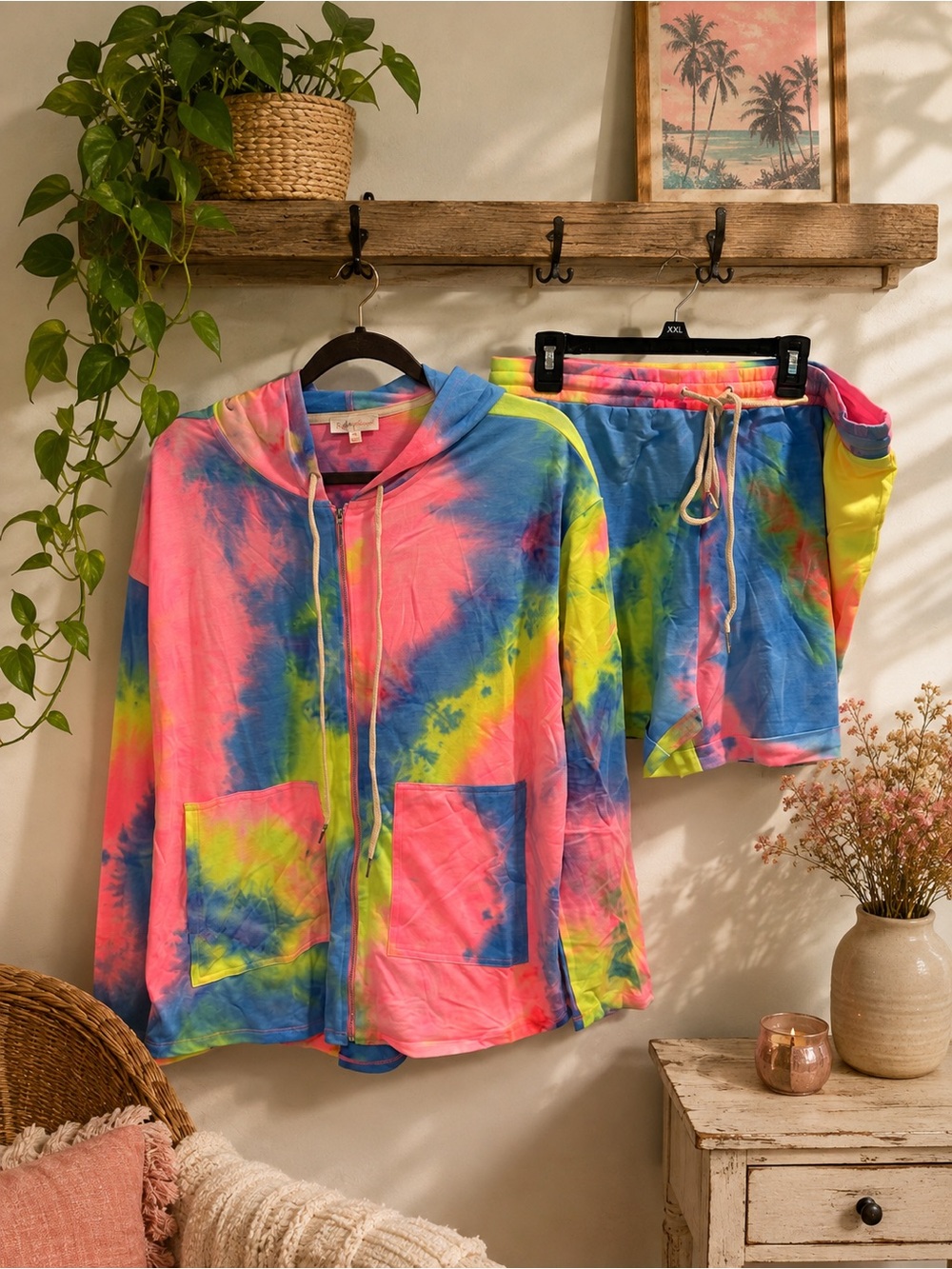 Nwt Rosevelvet  Tie-Dye Hoodie & Shorts Set - Neon  Sz 1x 2x 3x